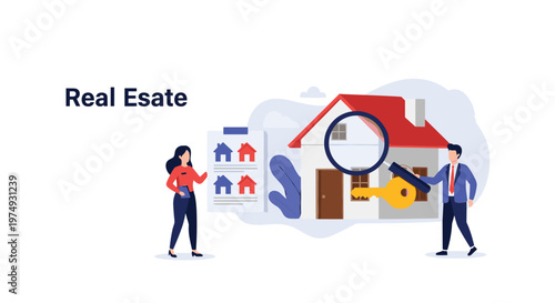 Real estate professionals use a magnifying glass and a key to help clients find the perfect new home from a list.