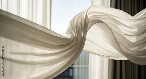 White fabric curtain blowing in wind near window for interior design
