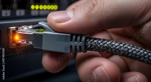 Person inserting an ethernet cable into a network router for internet connection