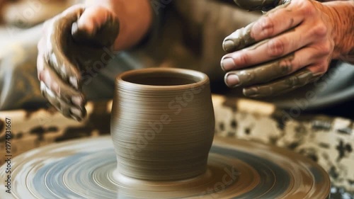 A person shaping a clay pot on a pottery wheel with hands covered in wet clay.
