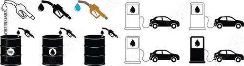 Fuel pump icon set collection group, gasoline, petrol, diesel, oil station symbols, nozzle, dispenser, barrel icons, black silhouette and outline line style vector illustration for energy transport