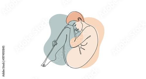 Elegant continuous line drawing of a person sitting in a fetal position against a background of soft abstract shapes.