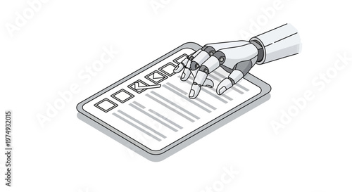 Robotic Hand Checking Boxes on a Form, AI Automation and Data Processing Isometric Concept