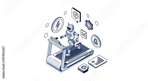 Isometric Robot Running on Treadmill for Machine Learning Training and AI Performance Optimization Concept Illustration