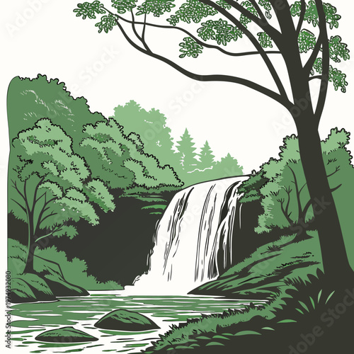 A stylized vector illustration depicts a lush green landscape featuring a cascading waterfall and dense forest foliage high quality professional detailed modern