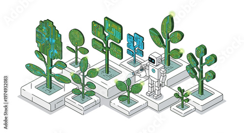 Isometric Robot Watering Circuit Board Trees: AI Technology and Green Sustainable Innovation Concept