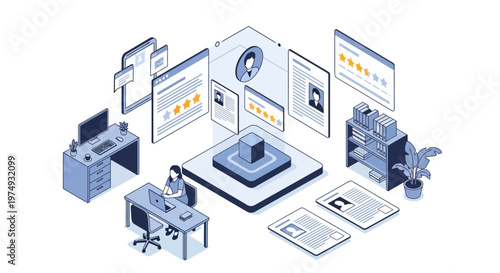 Digital Recruitment and Talent Acquisition Isometric Illustration with Candidate Resumes, Star Ratings, and Online Feedback Interface