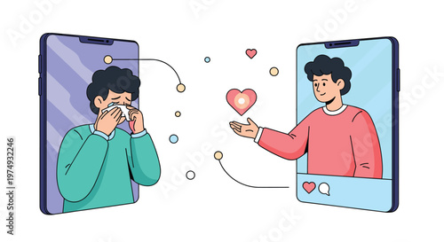 Two individuals connect emotionally through their smartphone screens as one person offers comfort and a heart symbol.
