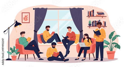 Diverse group of young people spend time reading books in a cozy and comfortable living room with bookshelves.