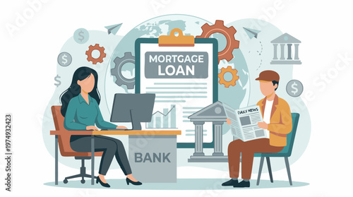 Bank agent assists client with mortgage loan application, financial services