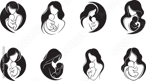 Collection of eight black and white silhouette depicting mothers holding babies baby
