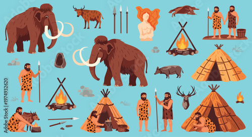 Collection of prehistoric life illustrations including cavemen, mammoths, campfires, and stone tools in a cartoon style.