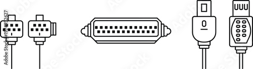 Computer cable connectors icons set including VGA, parallel port, USB Type-A, and serial RS-232 illustration for technology and hardware interface design