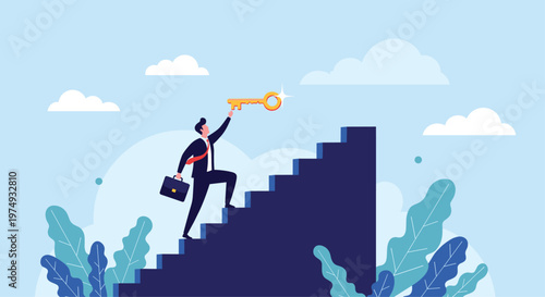 Determined businessman climbs a set of dark blue stairs towards a bright golden key in the clear blue sky.
