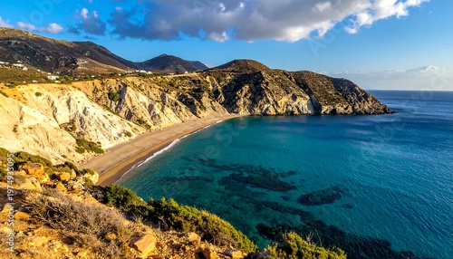 Scenic coastal view showing rocky cliffs, sandy beach, and clear turquoise water under a blue sky with white clouds