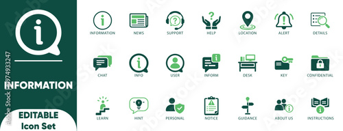 Information Icon Set. guidance, help, info, instruction, learn, news, notice, personal, support, and icons.