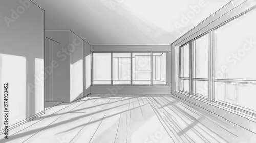 A black and white line drawing of an empty room.