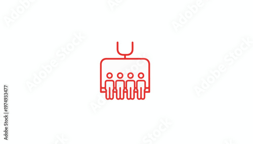 Red line icon of people in a meeting or conference setting with a microphone