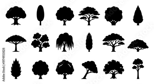 Black tree silhouettes, 18 forest plant icons, nature vector collection