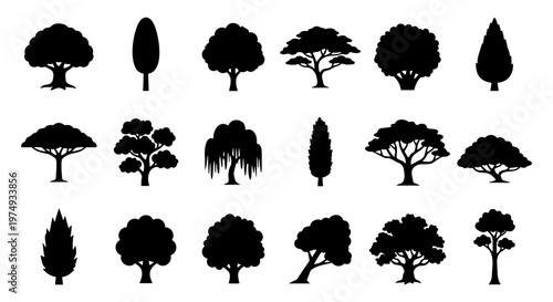 Black tree silhouettes, 18 forest plant icons, nature vector set