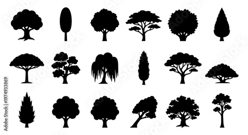 Black tree silhouettes, 18 forest plant icons, flat nature vector set
