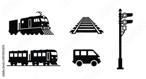 Black train railway tracks and vehicles shown in a striking silhouette