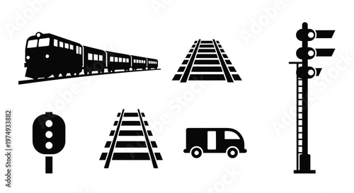 Black train railway crossing signal and vehicle icons in a graphic silhouette