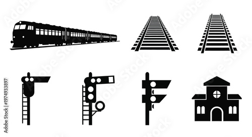 Black train traveling on railway tracks with signal icons a graphic silhouette
