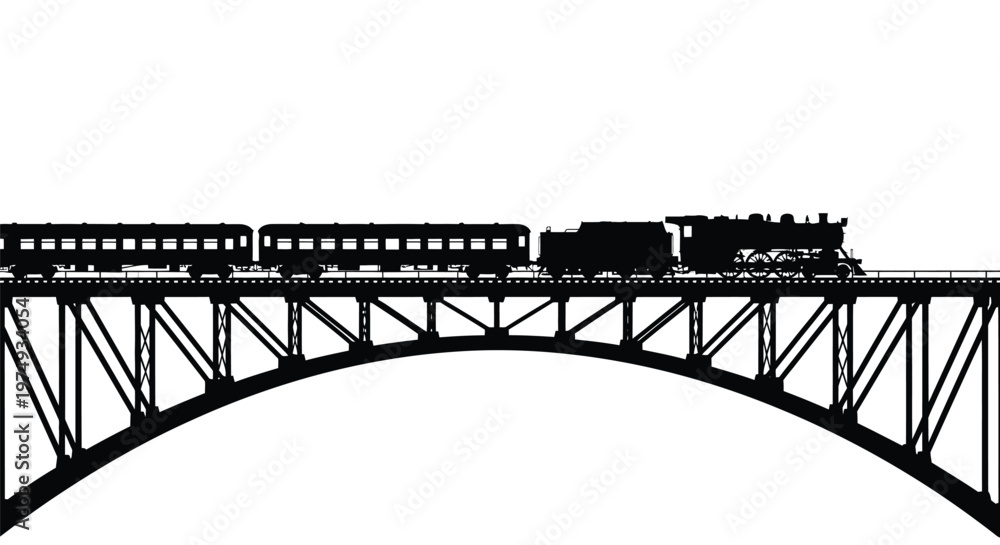 Obraz premium Vintage steam train travels across a curved bridge stark black silhouette