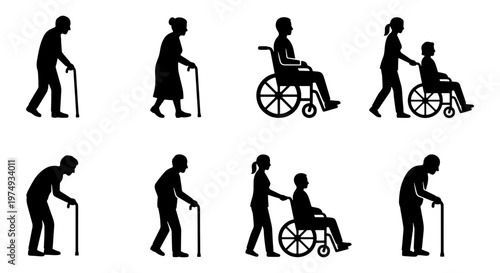 Elderly people silhouettes, senior disability icons, 8 vector nursing symbols