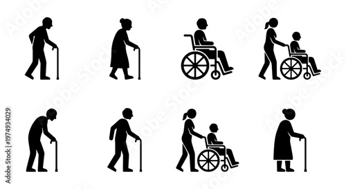 Elderly people silhouettes, senior care icons, disabled person in wheelchair