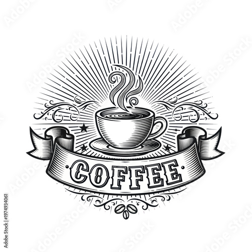 Vintage Coffee Cup Emblem with Steam and Banner.