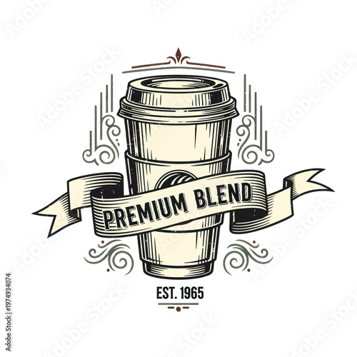 Premium Blend Coffee Cup Emblem Vintage Style.