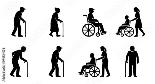 Elderly people silhouette icons, senior disability set, wheelchair vector