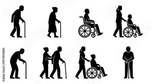 Elderly people silhouettes, senior care icons set, disabled person in wheelchair