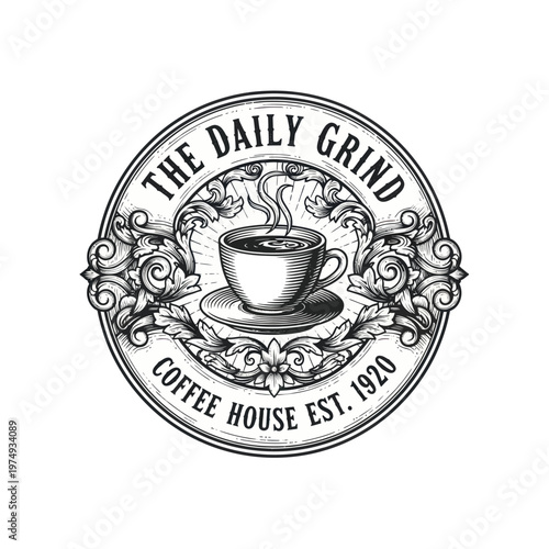 Vintage Coffee House Emblem with Steaming Cup.
