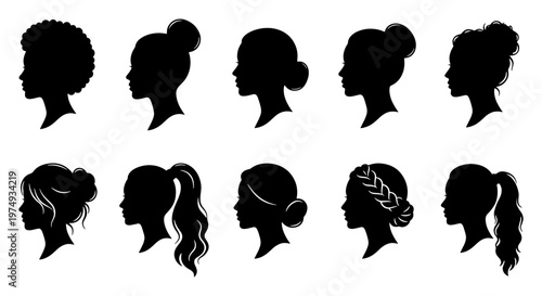 Female profile silhouettes, 10 woman hairstyle icons, black head vector set