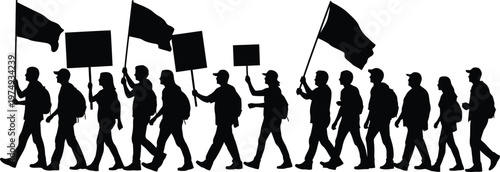 Protest march silhouette people holding flags and signs