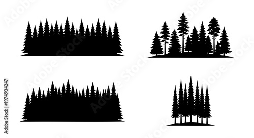 Pine forest silhouette vector set, evergreen tree landscape, conifer woods