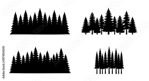 Pine forest silhouette vector set, evergreen tree line, black conifer woods