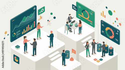 Business teams, data analytics, agile development, and industrial processes.