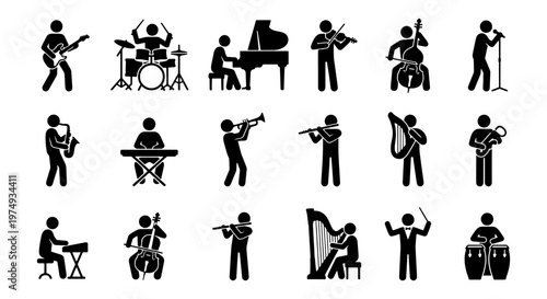 Musician stick figure icons, 18 music instrument player vectors, band set