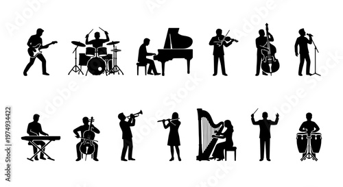 Musician silhouettes set, black band performer icons, music instrument vector