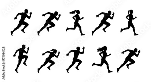 Running athlete silhouettes, 10 sprinting people set, black jogger icons