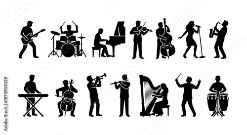Musician silhouette collection, 14 band instrument icons, orchestra vector set