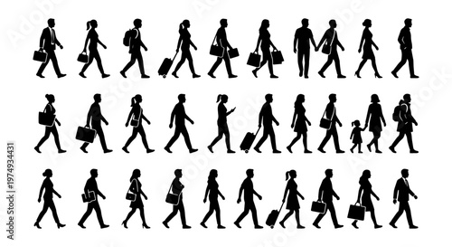 Walking people silhouettes, business travelers set, 30 commuter icons
