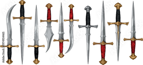 Fantasy medieval sword collection set with detailed blades, hilts and handles, realistic weapon icons for game design and illustration