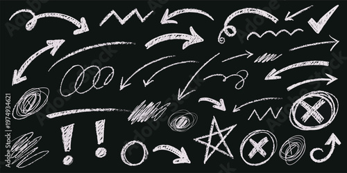 A collection of hand drawn doodle arrows and various symbols illustrated on a dark blackboard Vector