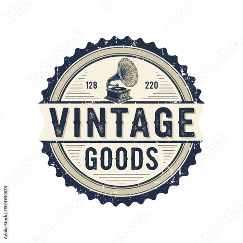 Vintage Goods Emblem with Old Gramophone and Rustic Charm.