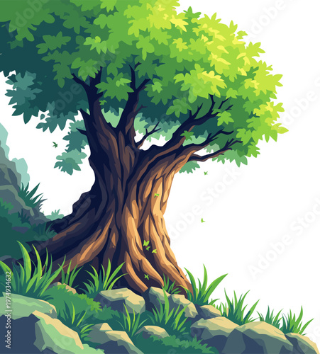 Green tree illustration, natural forest plant, detailed trunk and foliage nature design